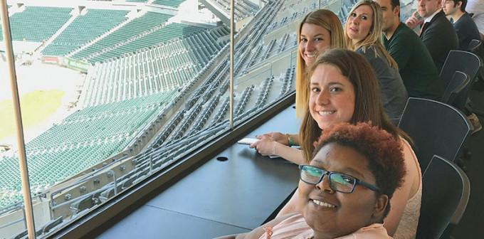 Several sports media majors take in the view from the Lincoln Financial Field press box as part of a stadium tour arranged by Philadelphi...